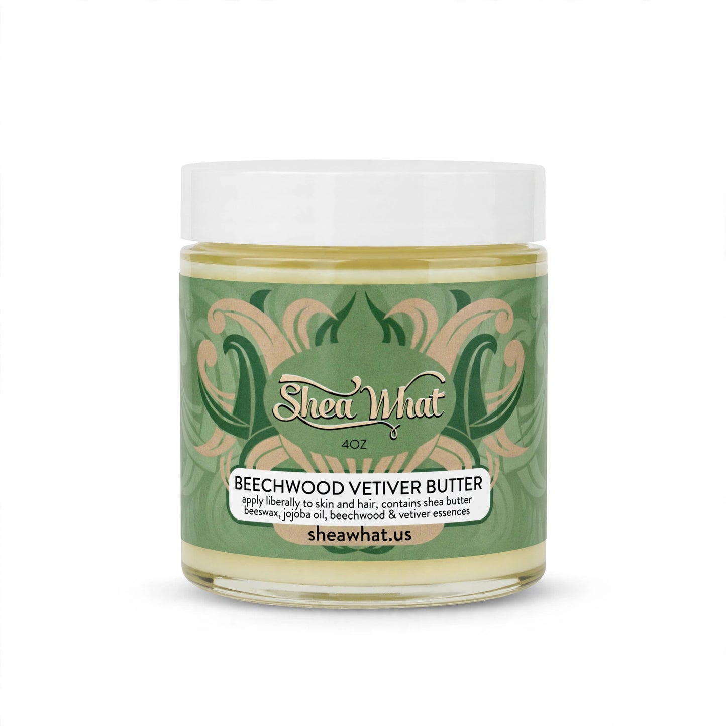 Shea What Beauty 4oz Beechwood Vetiver Butter jar with green botanical label
