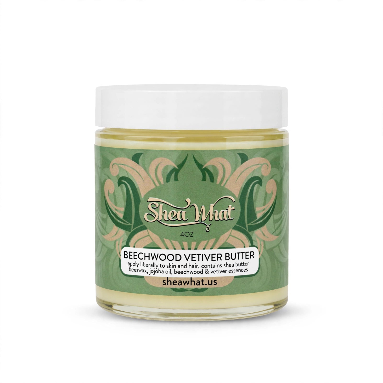 Shea What Beauty 4oz Beechwood Vetiver Butter jar with green botanical label