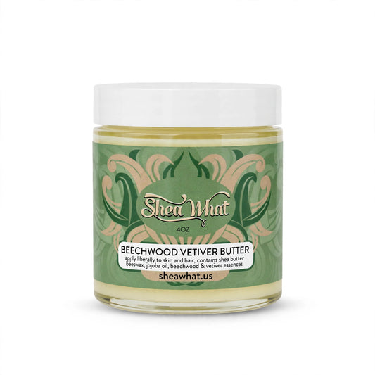 Shea What Beauty 4oz Beechwood Vetiver Butter jar with green botanical label